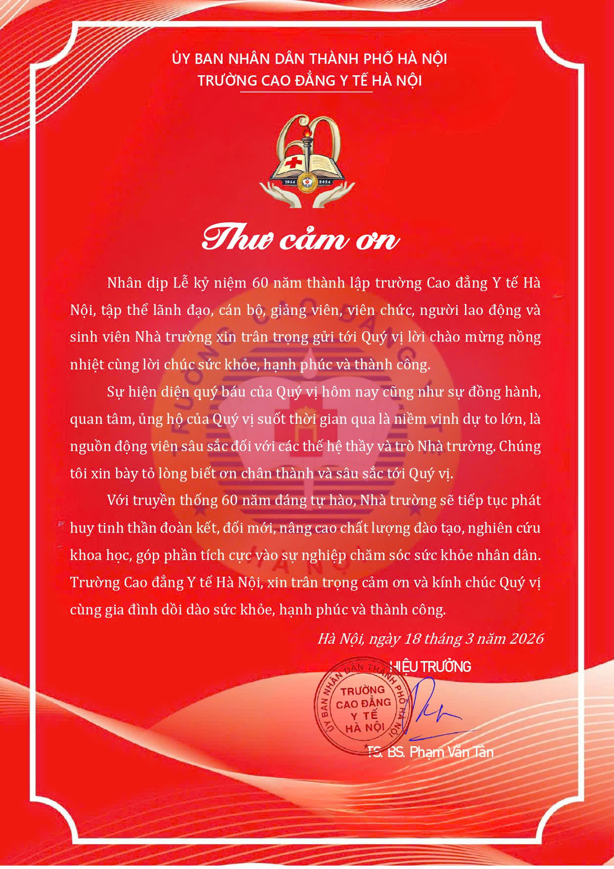 Thư cảm ơn kỷ niệm 60 năm